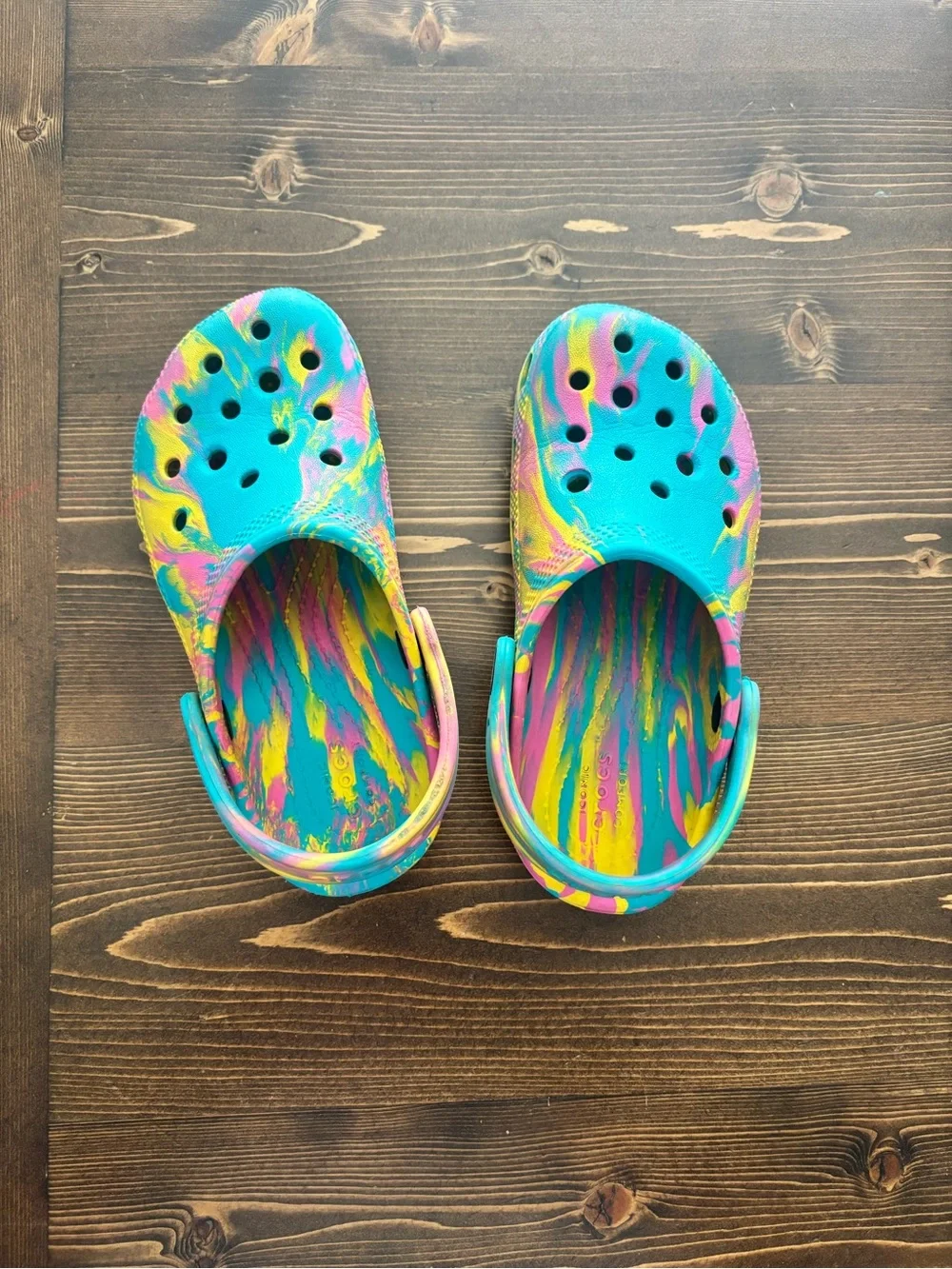 CROCS Kids Teal Water Clogs with Pink and Yellow Swirl